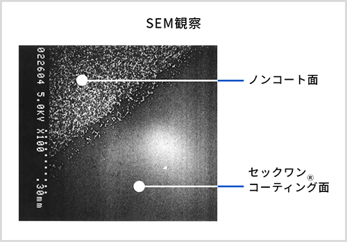 SEM観察の画像：セックワン®をコーティングしたガラスビーズを接触させた血液は凝固するまでの時間が延長した