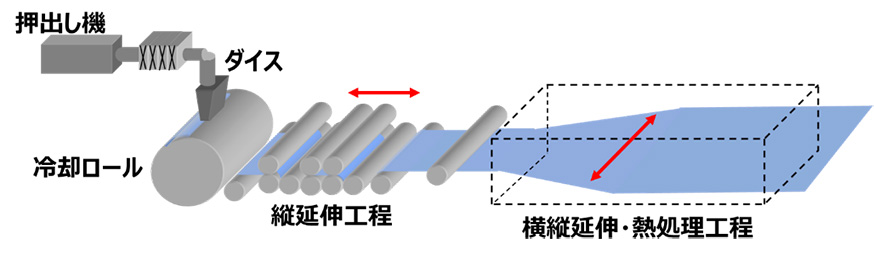 図１．Tダイ逐次二軸延伸の概略図